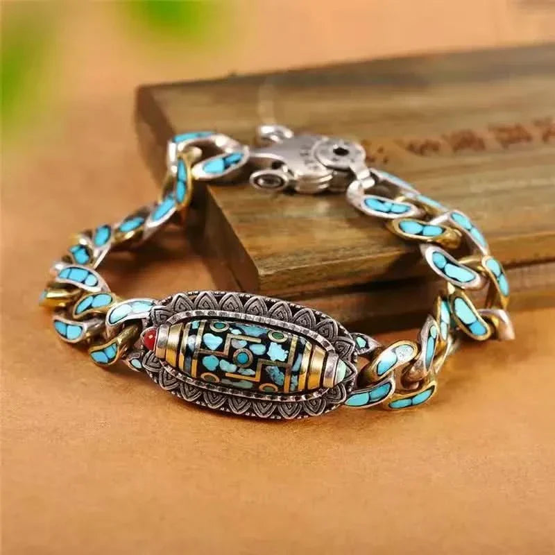 '+70% DE REDUCTION JUSQU'Ă CE SOIR 23H59mnđ„BRACELET DZI Ă NEUF YEUX ET MANTRA TURQUOISE - Belle Vue